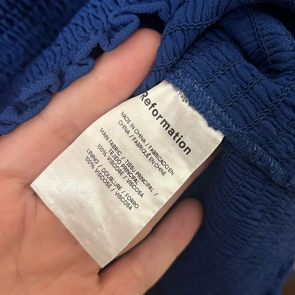Reformation Royal Blue Smocked Long Sleeve Blouse